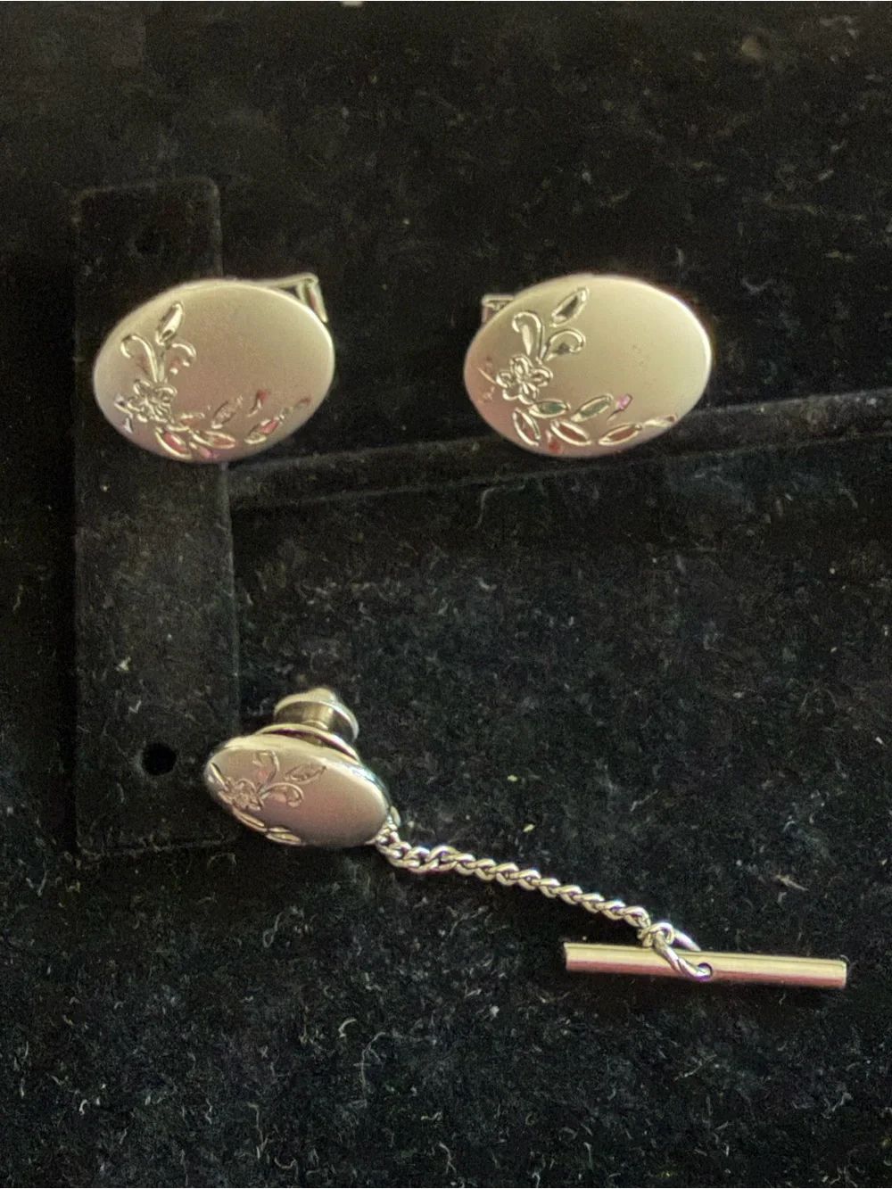Silver Floral Engraved Oval Cufflinks and Stud Set